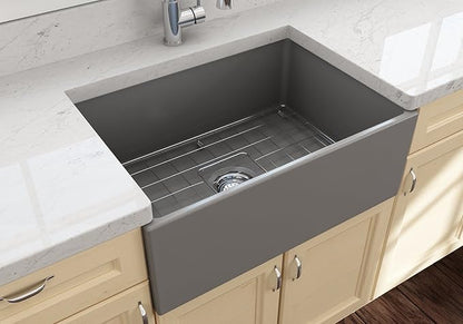BOCCHI Contempo Farmhouse Apron Front Fireclay 27 in. Single Bowl Kitchen Sink with Protective Bottom Grid and Strainer in Matte Gray