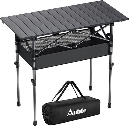 Anbte 3ft Aluminum Roll Top Camping Table, 2 Adjustable Height Camping Table Folding with Storage Net & Bag Lightweight Roll Up Table for Indoor Outdoor Backyard BBQ Patio Picnic, 32.2” X 16”, Black