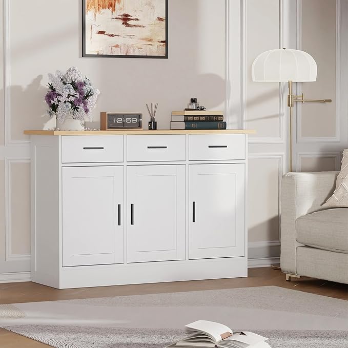 Buffet Cabinet with Storage - Buffets & Sideboards Kitchen Storage Cabinet, Wood Console Table Coffee Bar Accent Cabinets for Living Room Dining Room Entryway Large 3 Doors & Drawers, White 47.2"W