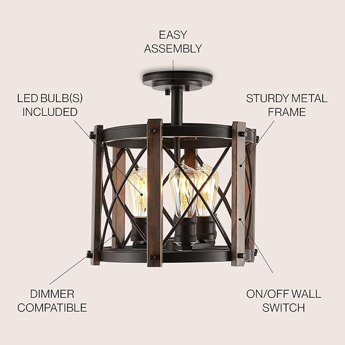 JONATHAN Y 14" Oil Rubbed Bronze/Brown 3-Light Iron Flush Mount, Rustic Farmhouse Diamond-Patterned Basket Ceiling Light for Kitchen Hallway, UL Listed, LED Bulbs Included JYL7502A