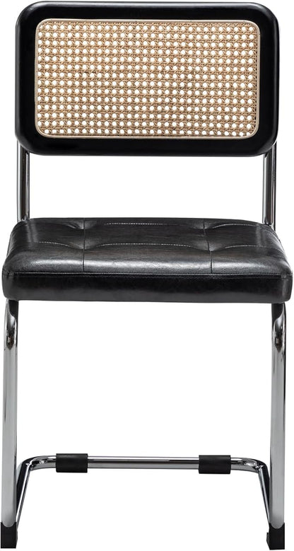Alunaune Mid Century Modern Dining Chairs Set of 4, Upholstered Natural Rattan Kitchen Accent Chair, Armless Side Chairs with Metal Chrome Legs for Bedroom Living Room-Black, PU Seat