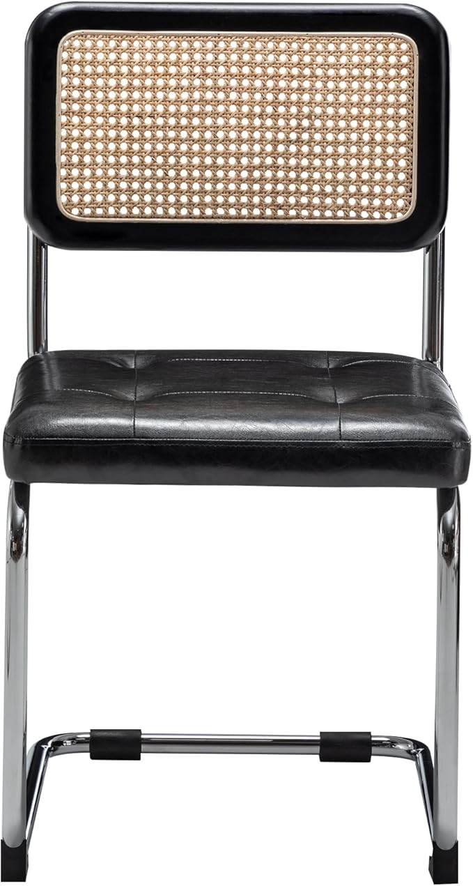 Alunaune Mid Century Modern Dining Chairs Set of 2, Upholstered Natural Rattan Kitchen Accent Chair, Armless Side Chairs with Metal Chrome Legs for Bedroom Living Room-Black, PU Seat