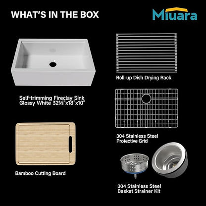 Miuara Self Trimming Farmhouse Workstation Sink 33 Inch - Tall Apron Front Fireclay Kitchen Sink 33"x20"x10", Dual Mount: Undermount & Topmount, Farm House Style Single Bowl, Glossy White, for Kitchen