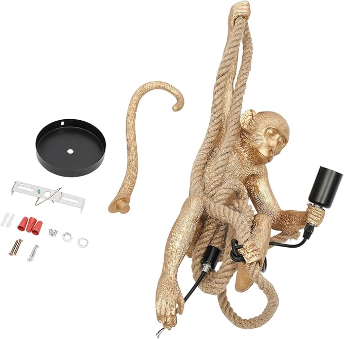 Retro Resin Hemp Rope Monkey Lamp, Vintage Monkey Pendant Light Hanging Light Fixture E27 for Dining Living Room Bedroom Bar Cafe Decorative Hanging Lamp, Golden