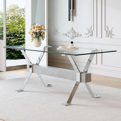 Glass Dining Table 71"｜Modern Dining Table for 6-8｜0.4" Thick Tempered Glass Top｜Chrome Silver Metal Legs｜Grey Crossbar｜Easy Assembly｜Perfect for Dining Room or Kitchen