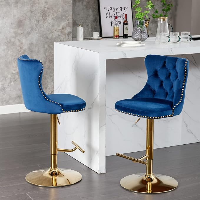 LUMISOL 2 Piece Swivel Velvet Bar Stools, Modern Upholstered Chrome Base Bar Stools with Backs Comfortable Tufted for Home Pub and Kitchen Island, Adjustable Seat Height from 25”-33”, Blue+Gold