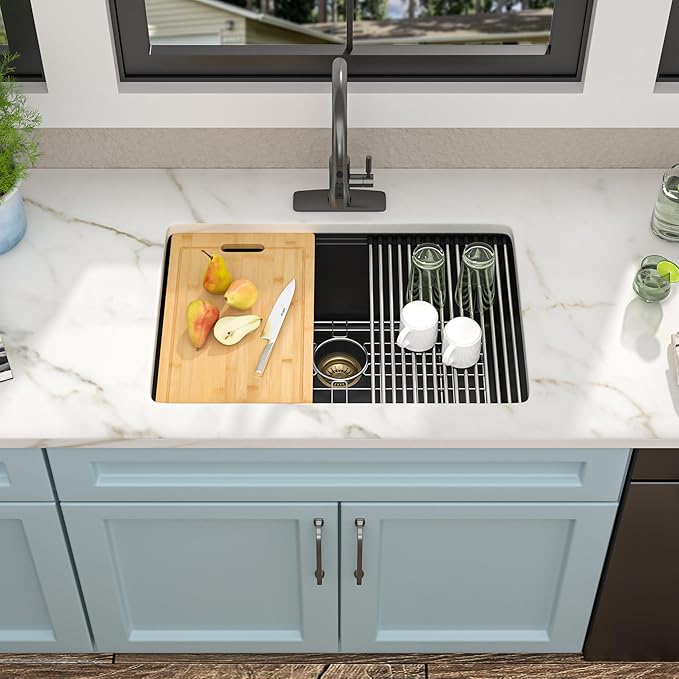 28"x19" Granite Composite Kitchen Sink - Matte Black Undermount Ledge Workstation Quartz Classic Under Counter Single Bowl Basin