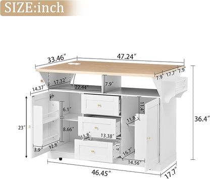 JIJIWANG Multifunctional Extendable Kitchen Island Cart with with Towel Rack,Spice Rack Shelf US Standard Outlet, 47 * 18 * 36inch,5 Wheels Mobile Kitchen Storage Cabinet,1 inchThick Top Board,White