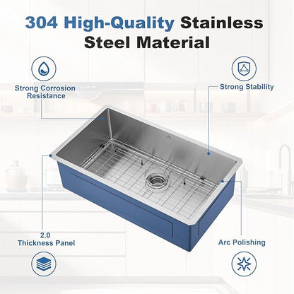 33 Inch Undermount Kitchen Sink Single Bowl,304 Stainless Steel Kitchen Sink, Include Dish-DryingRoll-up Rack Accessories, (Undermount Single Bowl, 33Inch Silver)