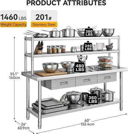 DWVO 60x24in Stainless Steel Table, NSF Metal Prep Worktable with Adjustable Overshelf & 3 Drawers for Kitchen Restaurant Hotel Garage Warehouse Home