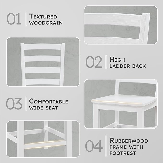 Lexicon Farmhouse Dining Chairs Set of 2, Kitchen Dining Chairs with Sturdy Solid Wood Frame, Legs, Footrest, High Ladder Back, Comfortable Classic Wooden Armless Side Seat, Easy Assembly, White
