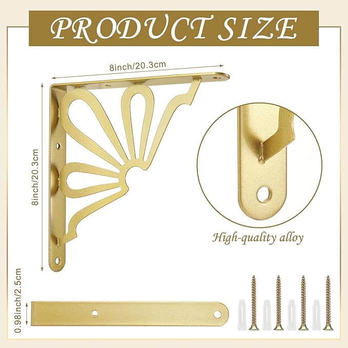 Lounsweer 2 Pcs 8inch Decorative Shelf Bracket Shelf Brackets Heavy Duty Modern Iron Metal Kitchen Floating Rack for DIY Open Shelving Wall Mounted(Sun)