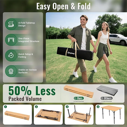 KingCamp 4-Fold Bamboo Camping Table with Serrated Adjustable Legs (16.5" to 27.6"), Heavy-Duty Aluminum Frame & Carry Bag for Outdoor, RV, Picnic, Beach