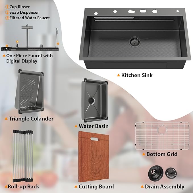 Mocoloo 33 Inch Black Honeycomb Waterfall Kitchen Sink Drop in, 33x19 Inch Stainless Steel Workstation Sink 16 Gauge Topmount Single Bowl LED Display Sink with Complete Kit