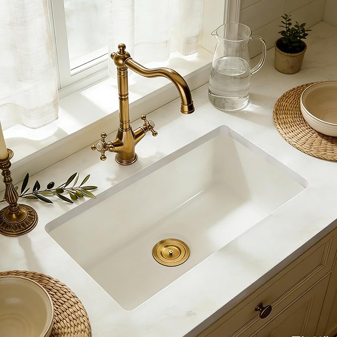 MILOSEN White Undermount Kitchen Sink, 32"x18" Granite Composite Single Bowl Kitchen Sinks, 10" Deep Large Undermount/Drop In Sink with Gold Accessories, White Quartz Kitchen Sinks for Modern Kitchen