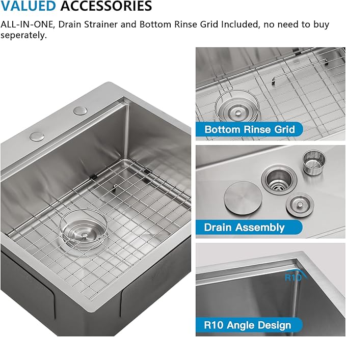 25 Kitchen Sink Drop In - Fulorni 25"x22" Kitchen Sink Drop In Topmount Ledge Workstation 16 Gauge Stainless Steel Single Bowl Above Counter Sink Basin