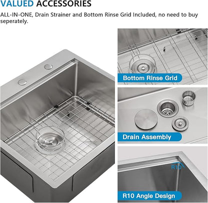 25 Kitchen Sink Drop In - Fulorni 25"x22" Kitchen Sink Drop In Topmount Ledge Workstation 16 Gauge Stainless Steel Single Bowl Above Counter Sink Basin