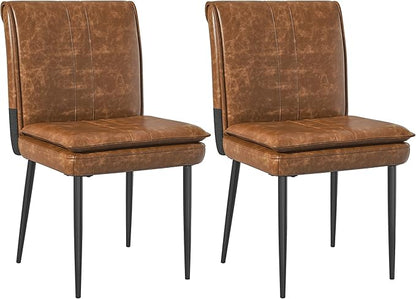 VECELO Upholstered PU Dining Chairs Set of 2, Kitchen Chairs with Padded Seat for Living Room, Dining Room, High Back and Steel Legs, Easy Assembly, Brown