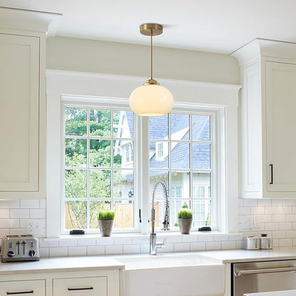 KCO Lighting 1-Light Globe Pendant Light Mid Century Modern Pendant Lighting White Glass Hanging Light Fixture Brushed Brass Chandelier Adjustable Light for Dining Room Living Room Bedroom Kitchen
