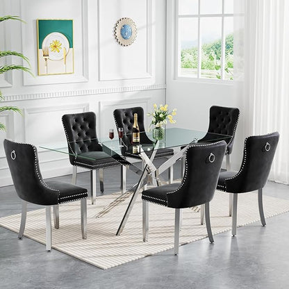 60" Rectangle Dining Table for 6 5 4 People, Modern Dining Table with Silver Chrome Metal X-Shaped Legs, Large Glass Kitchen Tables Family Dinner Tables for Home Office Living Room
