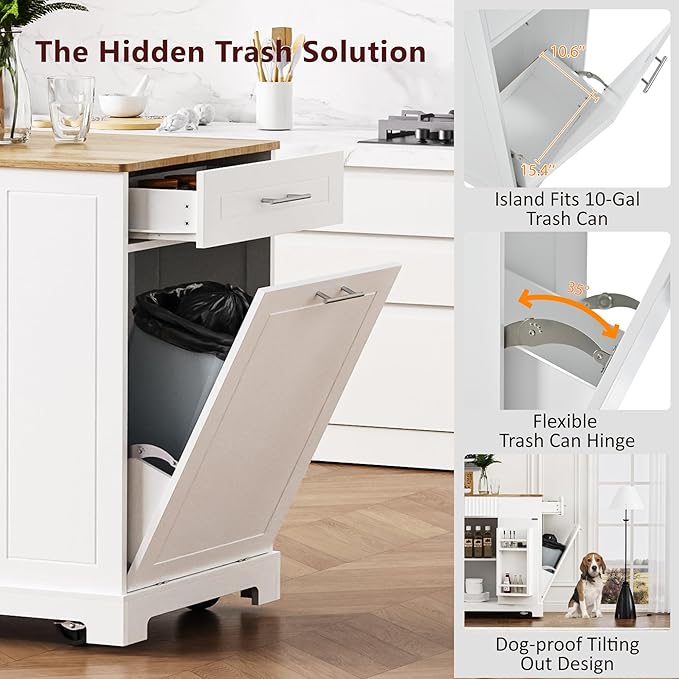 Modern Dining Table Kitchen Island with Drawers, Fluted Design, Power Outlet, Shelves, Mobile Rolling Cart for Dining Room and Kitchen,White-MDF