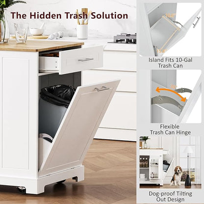 Modern Dining Table Kitchen Island with Drawers, Fluted Design, Power Outlet, Shelves, Mobile Rolling Cart for Dining Room and Kitchen,White-MDF