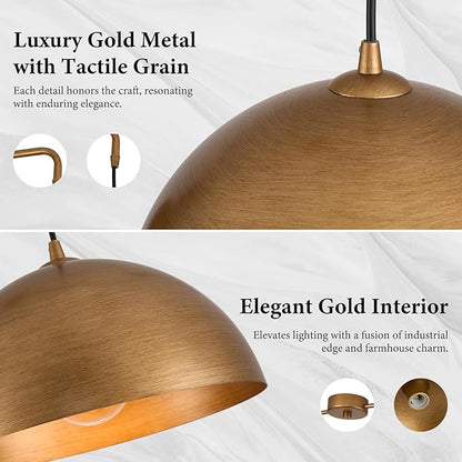 2-Light Pendant Lights Kitchen Island, Gold Metal Dome Shade Pendant Light, Kitchen Pendant Lighting Over Island, Adjustable Height Hanging Light Fixture for Farmhouse Dining Room Kitchen Cafe