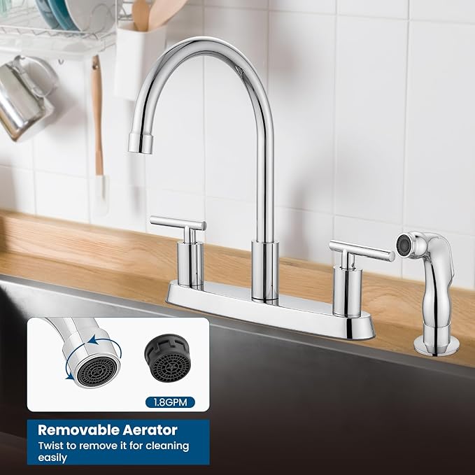 Kitchen Faucets, High Arc 360°Rotating Spout Kitchen Sink Faucet, 2 Handle 8 Inch Centerset RV Kitchen Faucet with Supply Lines, 3 or 4 Hole Kitchen Faucet with Side Sprayer, Polish Chrome