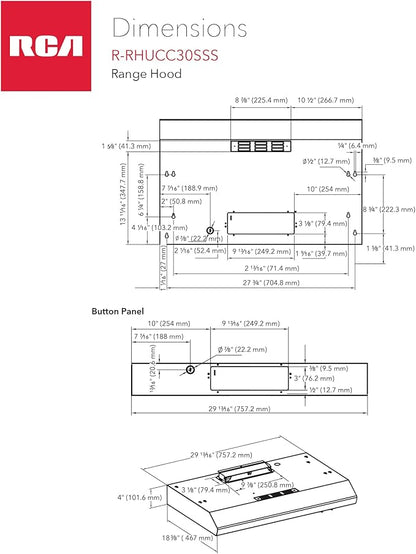 RCA R-RHUCC30SSS 30 in. Century Collection Ductless Under Cabinet Range Hood, Reusable Filter, Rocker Switch, Light, Stainless Steel