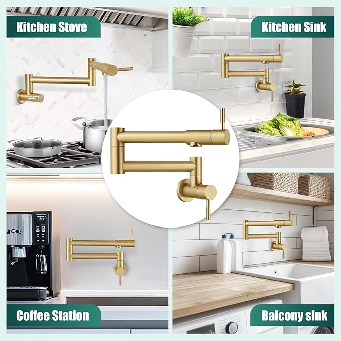 Heyalan Pot Filler 19 Inch Wall Mount Folding Stretchable Kitchen Restaurant Faucet Stainless Steel Pot Filler Double Joint Swing Arm Two Handles Commercial NPT,Straight Handle,Brushed Gold