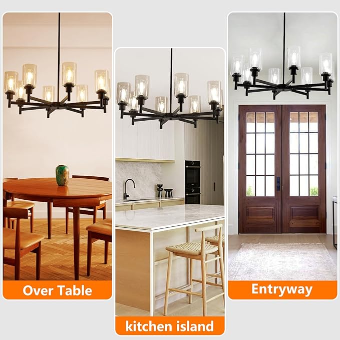 9MMML Farmhouse 8-Light Glass Chandelier, Modern Black Chandelier for Kitchen Dining Room Light Fixture Over Table, Industrial Chandelier for Living Room, Foyer, Entryway, E26 Bulb Base