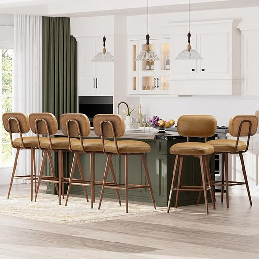MALOL 26“ PU Leather Swivel Bar Stools Set of 6, Mid Century Counter Height Bar Chairs with Low Back and Metal Legs, Modern Bar Stool Chair for Kitchen Island, Brown