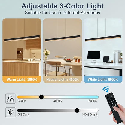 59" Wood Linear Pendant Light, Modern Pendant Lights Kitchen Island with Remote, 24W LED Hanging Pendant Light, Adjustable Linear Chandelier for Dining Room, Bar, Pool Table-Natural Wood