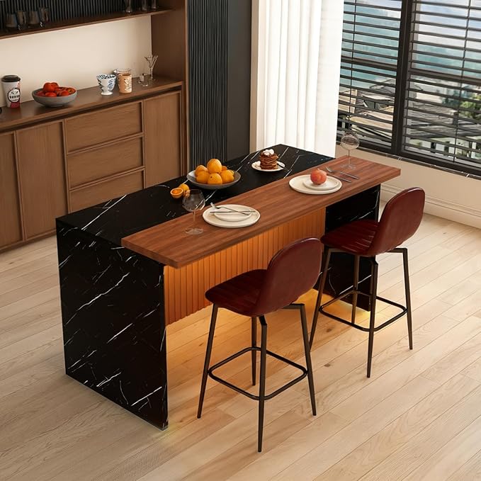 63-inch Modern Kitchen Island Set with 2 Dark Brown Stools Black Marble Look Spacious & Functional Design Dining Room, Open Concept Spaces, Lounge Elegance