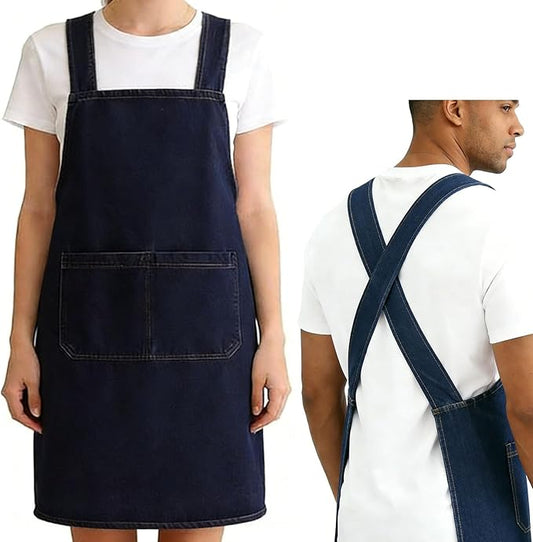 Adult Jour Apron, Lightweight Cotton Apron with Front Pocket, Denim Cross Back Aprons, Durable & Stain-Resistant