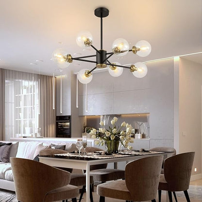 WINGBO 8-Light Sputnik Chandelier, Modern Pendant Light Fixture with 4.7" Clear Glass Globe Shade for Flat and Slop Ceiling, Height Adjustable for Kitchen Living Room Dining Room Bedroom, Black