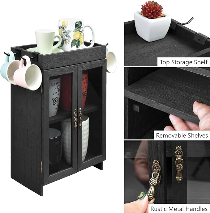 Ikee Design Small Wooden Countertop Storage Cabinet with Adjustable Shelves and Removable Hooks, Perfect for Perfume, Pantry, Essential Oil, 10.4W x 6.1D x 14.4H in, Black