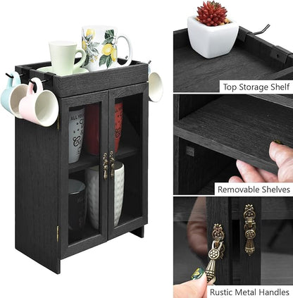 Ikee Design Small Wooden Countertop Storage Cabinet with Adjustable Shelves and Removable Hooks, Perfect for Perfume, Pantry, Essential Oil, 10.4W x 6.1D x 14.4H in, Black