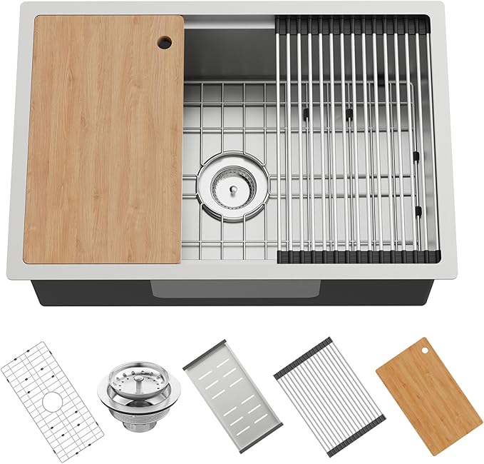 Kitchen Sink Workstation,28"x19" Stainless Steel Undermount Single Bowl Sink Built-in Ledge Drop In Workstation Sink For Placing/Sliding Accessories-Cutting Board,Drying Rack,Colander
