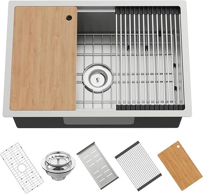 Kitchen Sink Workstation,28"x19" Stainless Steel Undermount Single Bowl Sink Built-in Ledge Drop In Workstation Sink For Placing/Sliding Accessories-Cutting Board,Drying Rack,Colander
