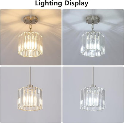 XSDeTu Brushed Nickel Pendant Light Fixtures, Modern Crystal Hanging Ceiling Light, 1-Light Mini Farmhouse Chandelier, Adjustable Hexagonal Island Lights for Kitchen, Dining Room, Bedroom, 2 Pcs