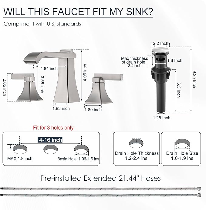Brushed Nickel Bathroom Faucet 3 Hole, Brass Waterfall 8 Inch Widespread Bathroom Sink Faucet with Pop-Up Drain, cUPC Supply Hoses, 2 Handles for Vanity, Restroom, Modern Hollowed Design