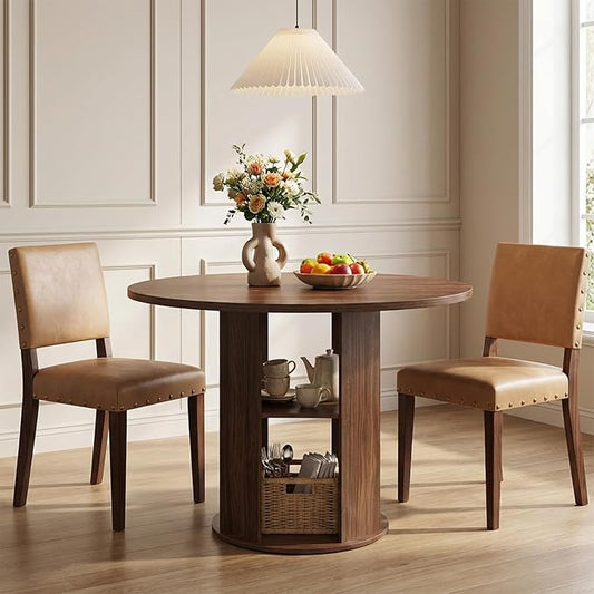 MAHANCRIS 43.3" Round Dining Table with Storage Shelf for 4, Circle Kitchen Dinner Table with Thick Tabletop, Circle Nook Table for Kitchen & Dining Room, Walnut DTWA11001