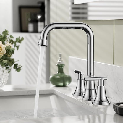 FORIOUS Widespread Bathroom Faucets Polished Chrome, 3 Hole Faucet for Bathroom Sink with Pop Up Drain for 8 Inch Vanity RV Camper Lavatory Sink