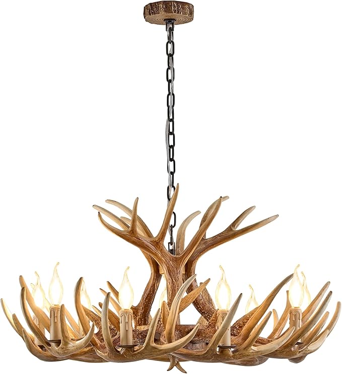 Antler Chandelier Lighting, Vintage Deer Antler Chandelier 9 Light, Farmhouse Antler Light Fixtures Ceiling E12 Base for Home Store Coffee Bar (9 lamp arms + 3arms)