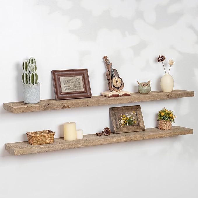 FLYJOE Floating Shelves | 8" Deep Rustic Reclaimed Barnwood Wall Hanging Shelves with Invisible Heavy-Duty Metal Bracket | Wall Mounted | Farmhouse Style | 48 inches, 2 PCs, Distressed Natural