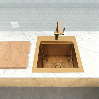 17 Inch Gold Sink Undermount, 16 Gauge 304 Stainless Steel Workstaion Kitchen Sinks with Ledge & Accessories, 17" x 17" x10" Deep Bowl For Outdoor, RV,Prep Sink, and Wet Bar