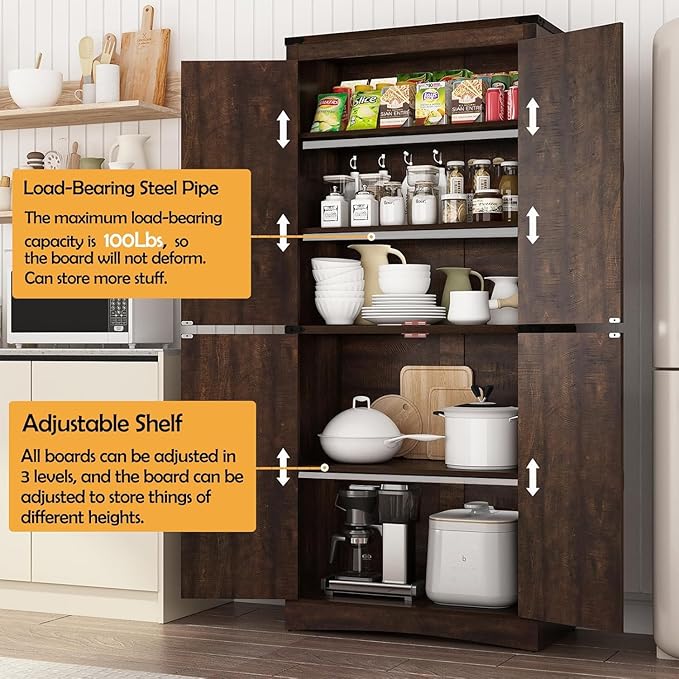 chartustriable 71in Farmhouse Kitchen Pantry Cabinet,Tall Storage Cabinet with 4 Doors and Adjustable shelves,with Load-Bearing Steel Pipe,Wood Storage Cabinets for Kitchen,Dining Room,Bathroom(Brown)