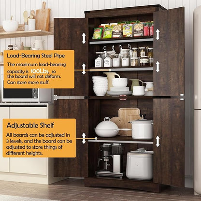 chartustriable 71in Farmhouse Kitchen Pantry Cabinet,Tall Storage Cabinet with 4 Doors and Adjustable shelves,with Load-Bearing Steel Pipe,Wood Storage Cabinets for Kitchen,Dining Room,Bathroom(Brown)