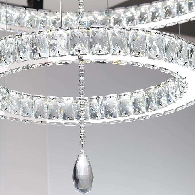 HAIXIANG 48 inch Large Size Glam Chandelier Crystal Ceiling Light for Living Room Chandeliers Lighting Fixtures with Remote Dimmable LED Light,Silver Chrome Luxury Interior Light